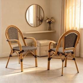 2 handmade woven PE wicker outdoor French pub chairs for garden and courtyard decoration