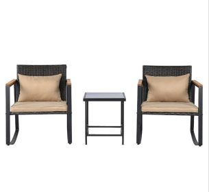 3-Piece Outdoor Rocking Bistro Set with Soft Cushions And Tempered Glass Table for Garden Patio