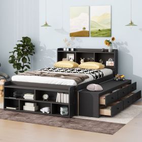 Full Bed with Bookcase Headboard, Under bed Storage Drawers and Bed End Storage Case,Espresso