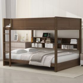 Queen over Queen Bunk Bed with Storage Cabinets and USB Ports, Antique Wood Color
