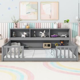Twin Floor Bed with Bedside Bookcase,Shelves,Guardrails,Grey