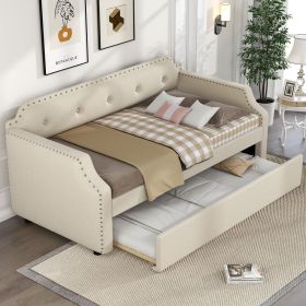 Upholstered Daybed with Trundle, Wood Slat Support, Upholstered Frame Sofa Bed,Twin, Beige