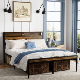Queen Size Bed Frame, Storage Headboard with LED light, Charging Station, Solid and Stable, Noise Free, No Box Spring Needed, Easy Assembly