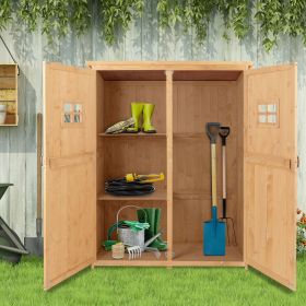 Wooden garden storage shed, outdoor toolbox with windows and double doors, natural wood