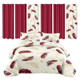 9 Piece Room In A Bag Quilt And Curtain Set, US Designer Burgundy Gold Boho Feather Print Heavyweight Bedspread With 6 Customizable Window Panels (Option: CAL KING)