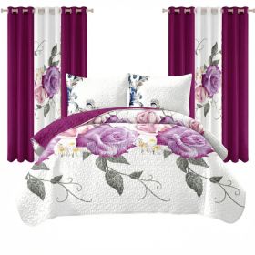 9 Piece Room In A Bag Quilt And Curtain Set, US Designer Deep Magenta Purple Rose Floral Print Heavyweight Bedspread With 6 Customizable Window P (Option: CAL KING)
