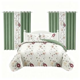 9 Piece Room In A Bag Quilt And Curtain Set, US Designer Sage Green Botanical Floral Print Heavyweight Bedspread With 6 Customizable Window Panel (Option: CAL KING)