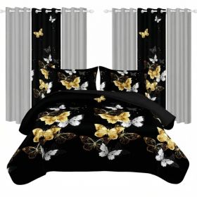 9 Piece Room In A Bag Quilt And Curtain Set, US Designer Black And Gold Butterfly Print Heavyweight Bedspread With 6 Customizable Window Panels, (Option: CAL KING)