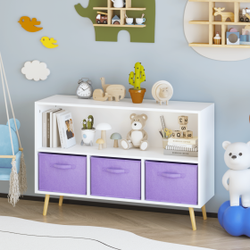 Kids bookcase with Collapsible Fabric Drawers, Children's Book Display, Toy Storage Cabinet Organizer (Color: White+Purple, Material: MDF)