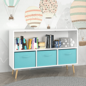 Kids bookcase with Collapsible Fabric Drawers, Children's Book Display, Toy Storage Cabinet Organizer (Color: White+Blue, Material: MDF)