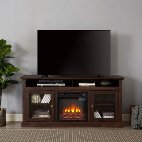 Modern TV Stand for up to 65 Inch TVs, Entertainment Center Farmhouse TV Cabinet Media Console Table with Glass Doors for Living Room (Color: Brown, With Fireplace Insert: Yes)