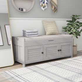 Storage Bench with 3 Shutter-shaped Doors,Shoe Bench with Removable Cushion and Hidden Storage Space (Color: Gray Wash, Material: MDF)