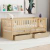 Twin Size Wood Daybed with Fence Guardrails and 2 Drawers, Split into Independent Floor Bed & Daybed